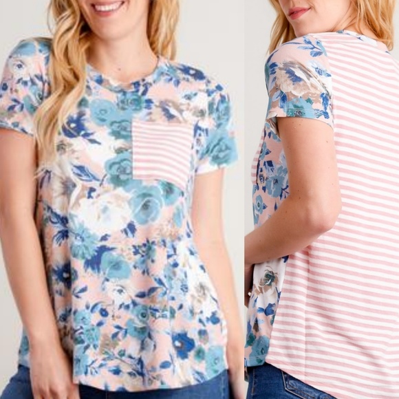 Sweetbb Tops - 😍 Pink Stripe Knit Floral Tee S M L